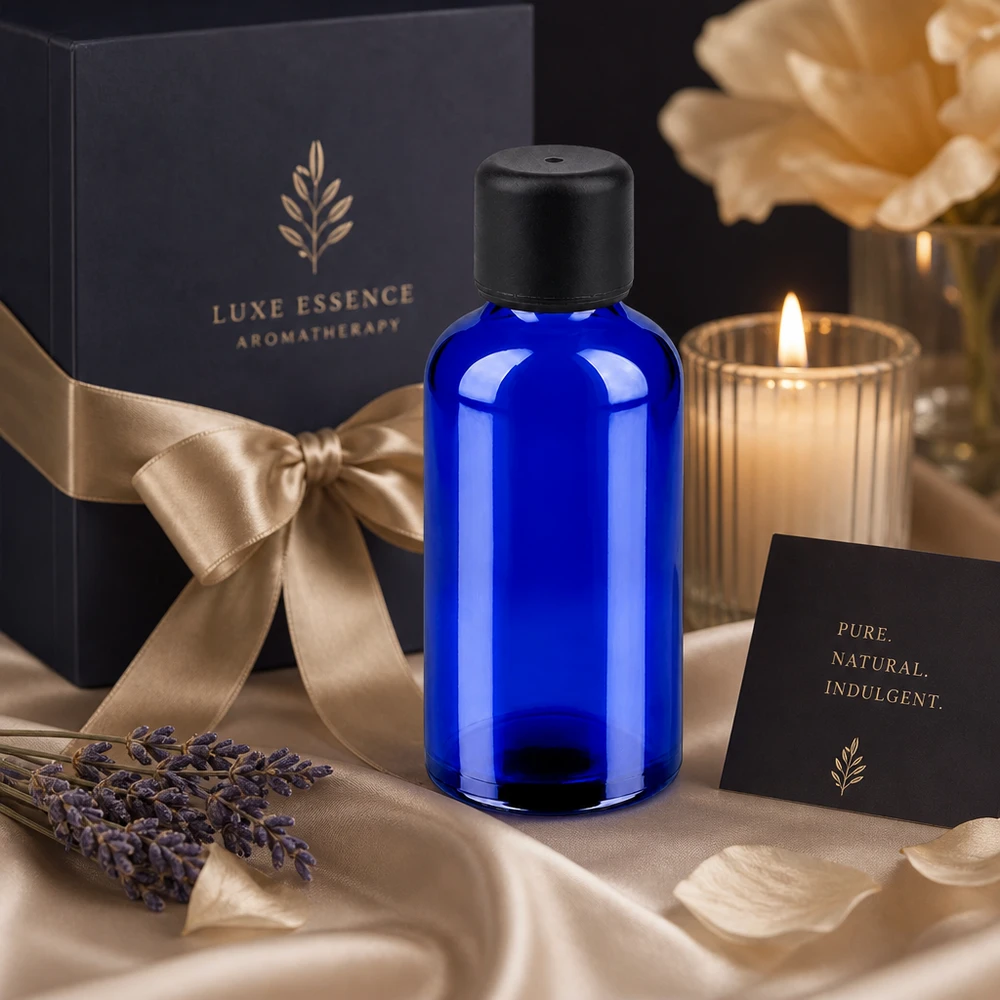 50 ml luksuriøs aromaterapiflaske af blåt glas med sort hætte til førsteklasses kosmetik