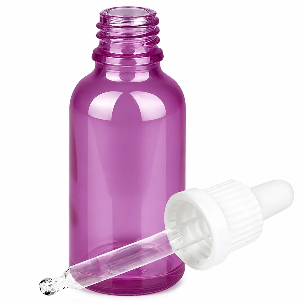 30 ml pipetteflaske hvid originalitet skruelåg PurpleLine UT18/30 Violet glasflaske 30 ml med pipette og hvid gummihætte til æteriske olier