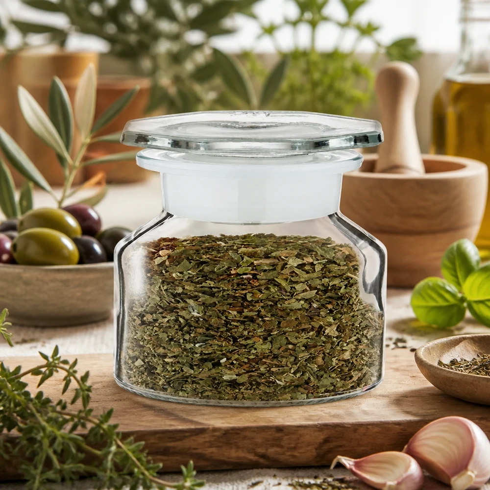 Idé til krydderiglas: 50 ml flaske med stejl hals og bred hals i klart glas Krydderiglas med bred hals, 50 ml, med tørret oregano og lufttæt plastlåg