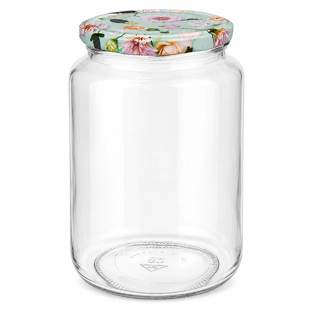 795 ml rund glas + BasicSeal låg Blume mint UNiTWIST Rund krukke 795 ml med blomsterlåg mint til konservering og opbevaring, tom glaskrukke med dekorativt låg