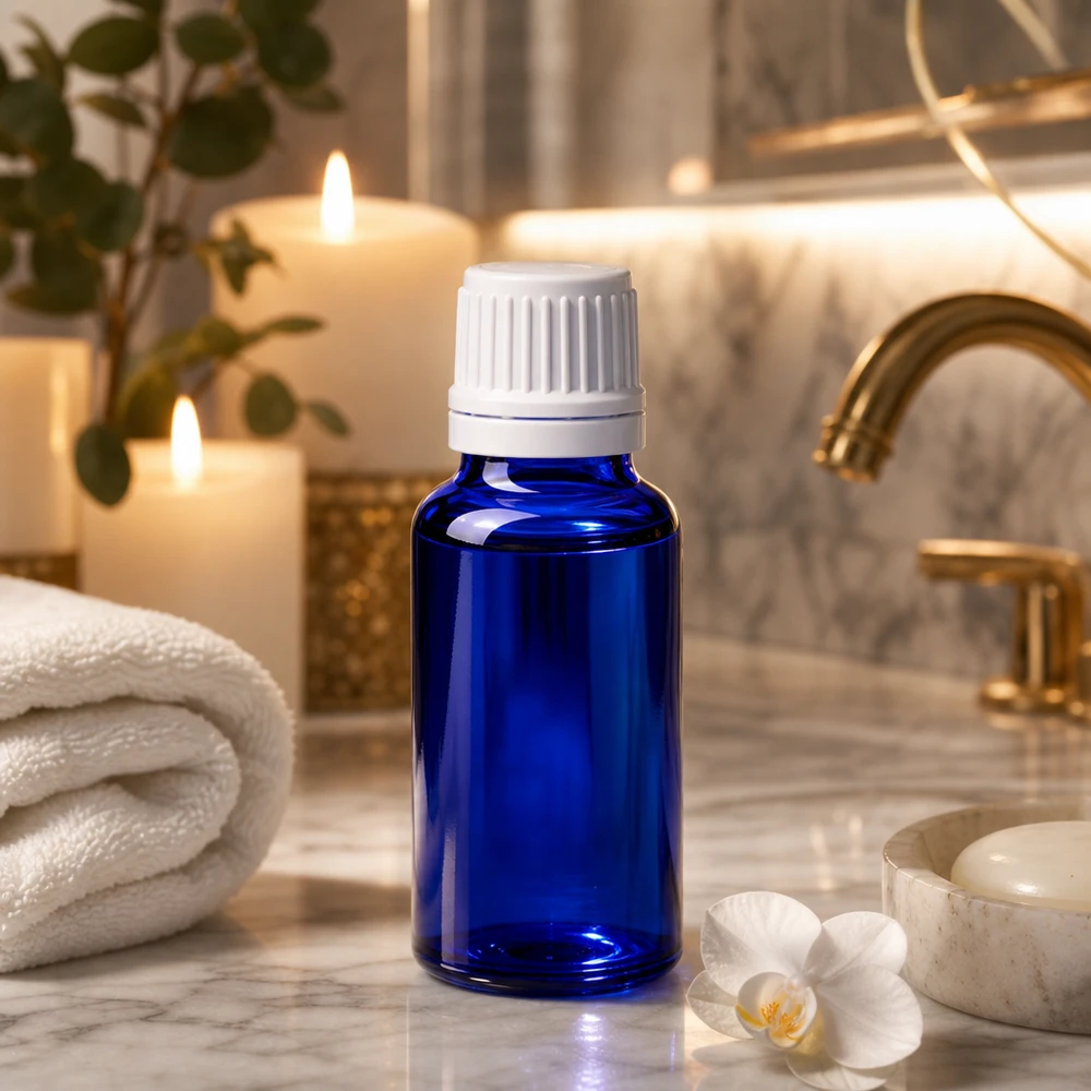 Blå 20 ml glasflaske med hvid dråbeforsegling på marmor ved siden af stearinlys og en orkidé