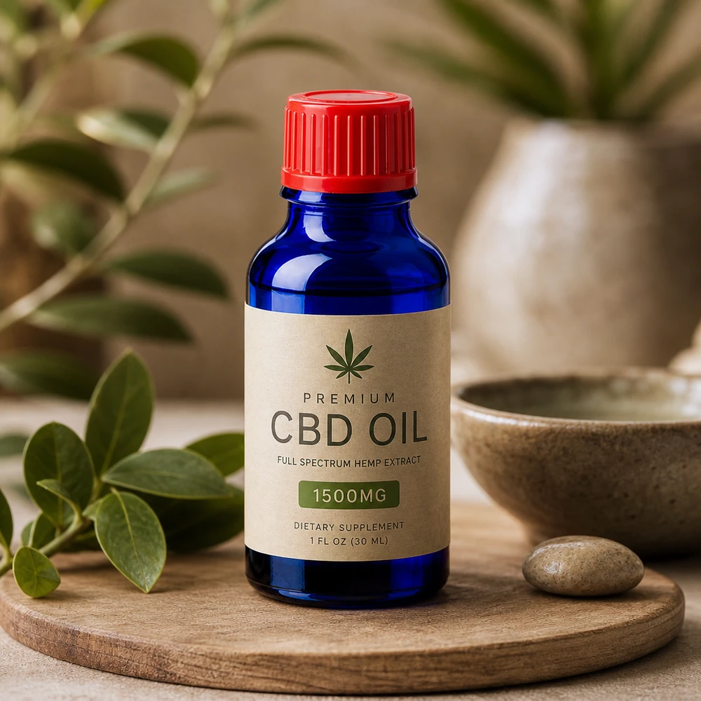 Kompakt 20 ml glasflaske med rød hætte, ideel til CBD-olie og kosttilskud