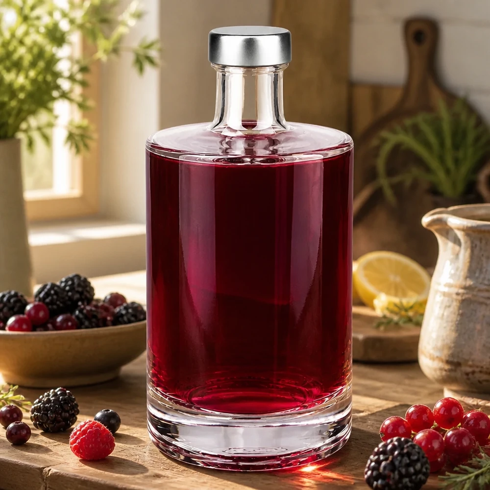 500 ml glasflaske »Sam« og skruelåg sølv UNiTWIST® 500ml Glasflasche Sam mit rotem Beerenlikör gefüllt zwischen Waldbeeren und Küchenutensilien natürliches Licht