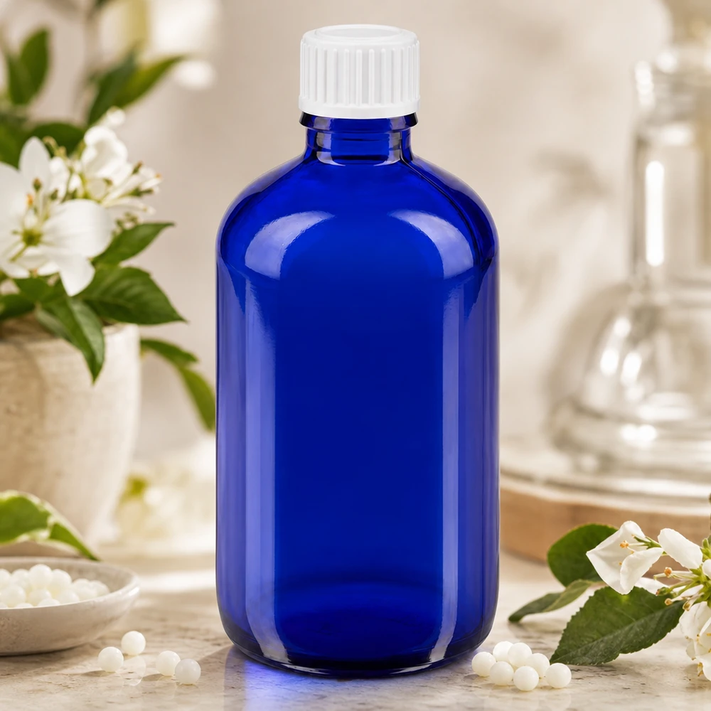 Præcis dosering med en 100 ml blå dråbeflaske med en åbning på 0,9 mm til homøopati og naturmedicin