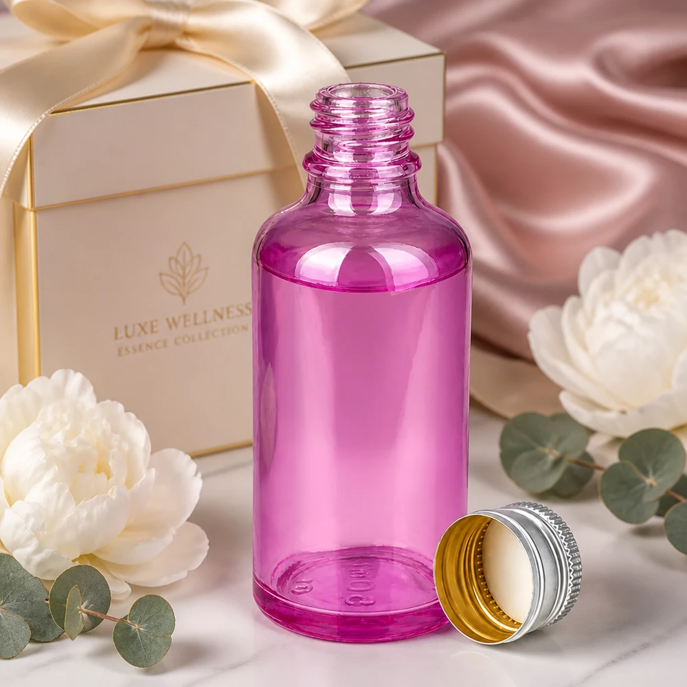 50 ml flaske 11 mm skruelåg aluminium-sølv standard PurpleLine.UT18/50 Elegant 50 ml flaske af lilla glas med sølvfarvet aluminiumslåg til wellnessprodukter af høj kvalitet