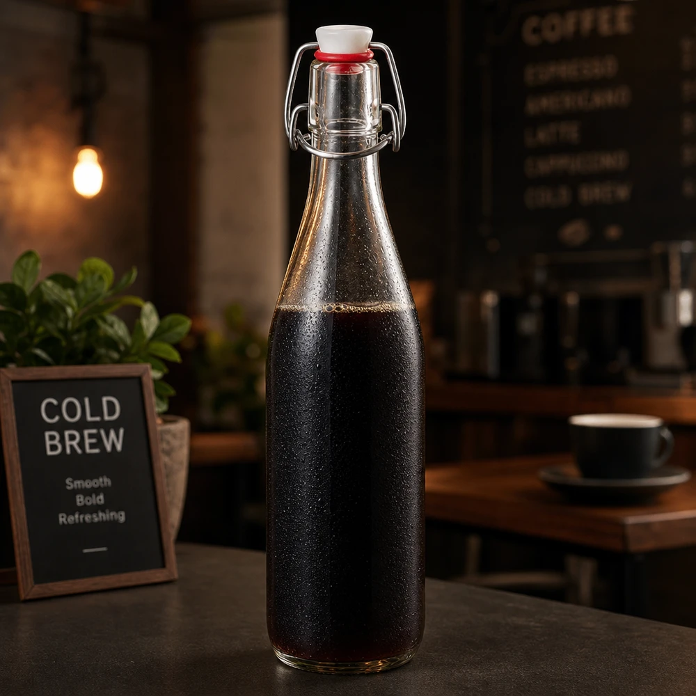 500 ml glasflaske og hængelåg porcelæn UNiTWIST 500 ml glasflaske med svingtop fyldt med koldbrygget kaffe i caféatmosfære ved siden af reklametavle
