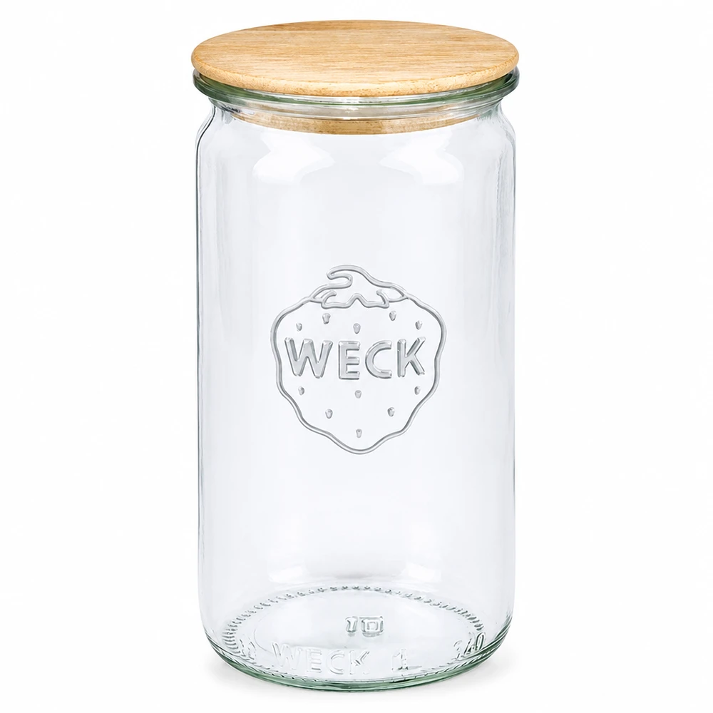 340 ml cylinderglas WECK RR60 med trælåg WECK cylinderglas 340 ml RR60 med trælåg Konservesglas transparent af glas med naturligt trælåg