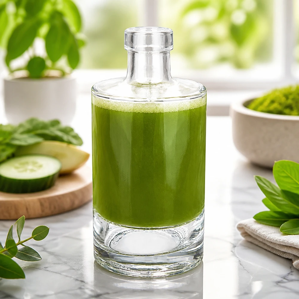 350 ml glasflaske Marie uden lukning UNiTWIST® 350ml Glasflasche Marie mit grünem Smoothie befüllt neben Gurken und Kräutern gesunde Ernährung Bild 4 von 10