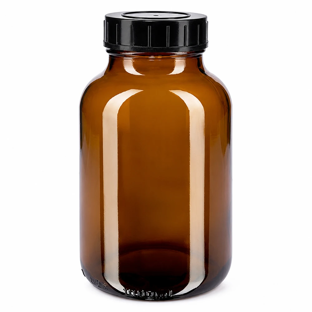1000 ml flaske med bred hals i ravfarvet glas med skruelåg 1000 ml flaske med bred hals lavet af ravfarvet glas med sort skruelåg til opbevaring