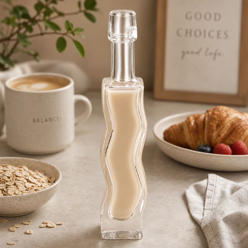 40 ml glasflaske Fila uden hængelåg UNiTWIST® 40ml Glasflasche Anna mit cremigem Hafermilch-Getränk befüllt Frühstückstisch-Szenerie vegane Milchalternative Lifestyle