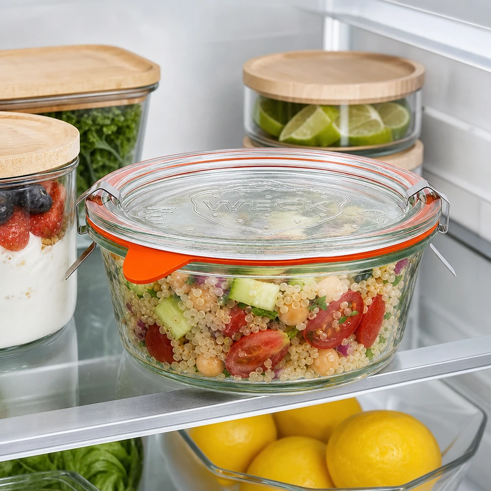 300 ml gourmetglas komplet WECK RR120 WECK gourmetglas 300 ml RR120 i køleskabet med quinoasalat, opbevaring af måltider sammen med andre opbevaringsglas