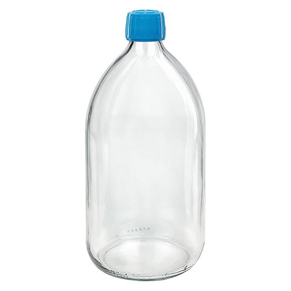 1000 ml medicinflaske klar, blå hætte med tyverisikring ApoGlas. Farmaceutisk kvalitet fra EU-produktion. 28 mm (PP28) gevind. (sirup, let glasflaske)