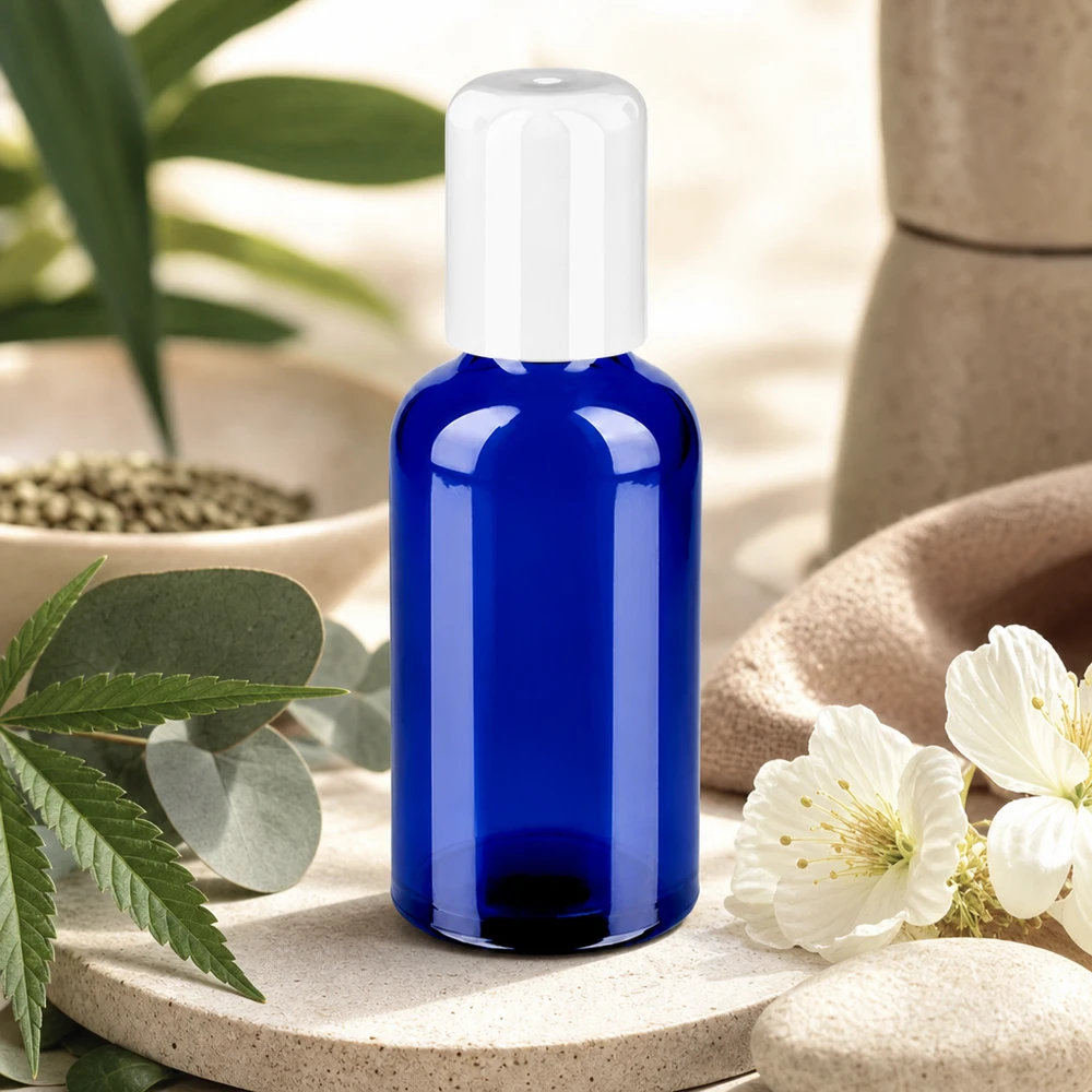 Koboltblå 50 ml glasflaske med hvid roll-on-hætte til DIY-kosmetik og naturkosmetik