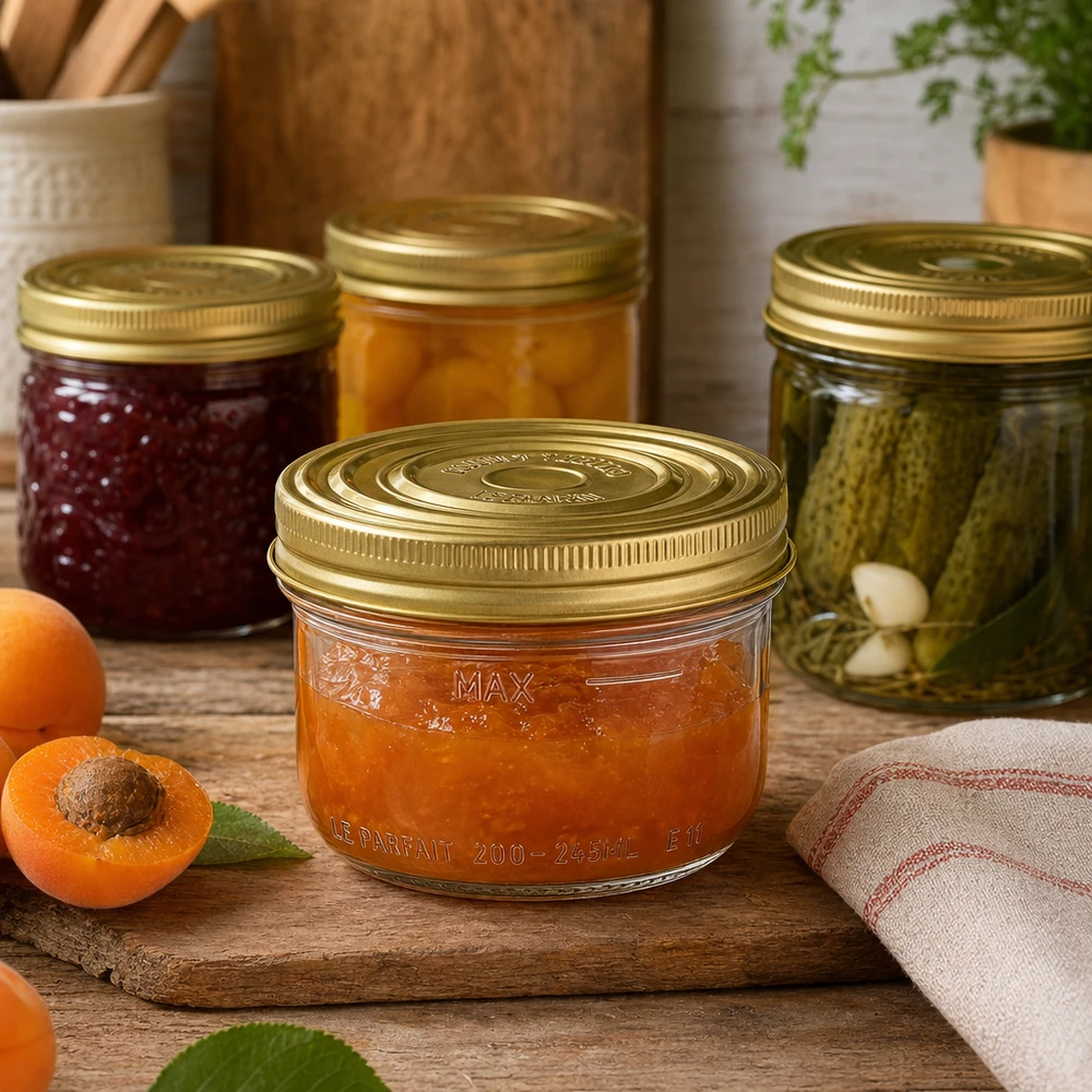 Le Parfait® Familia Wiss 200 g Ø82 mm glas 245 ml Familia Wiss-krukke med gyldent låg fyldt med abrikosmarmelade på et træbræt ved siden af friske abrikoser