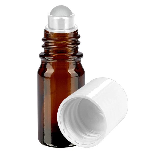 Apoteksflaske brun 5ml roll-on hætte hvid Apoteksflaske brun 5ml roll-on hætte hvid