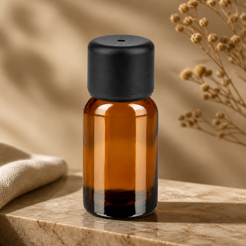 10 ml flaske 6 mm SV sort STD BrownLine UT18/10 10 ml ravfarvet glasflaske med drypsikkert sort skruelåg til præcis dosering