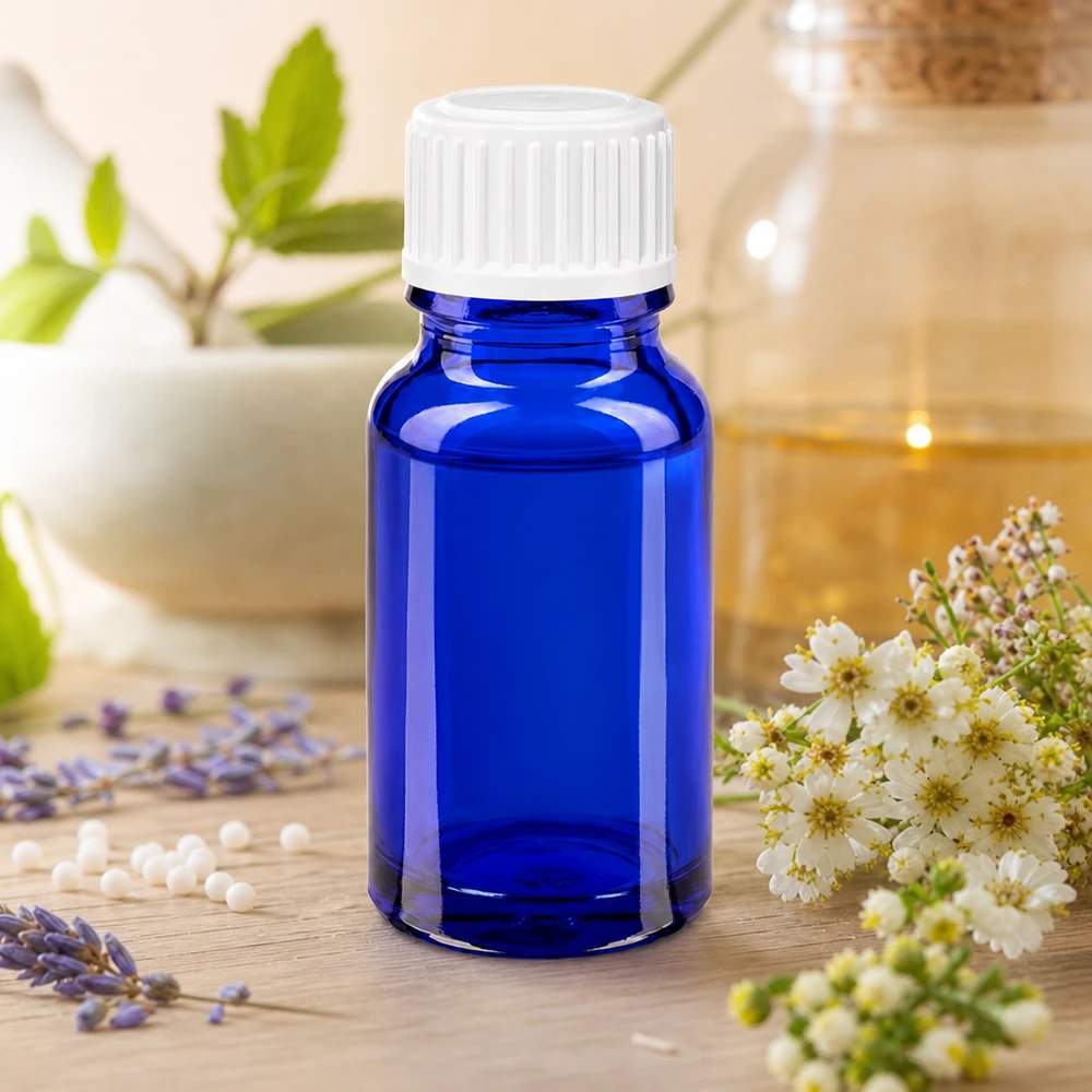 Apoteksflaske blå 10ml skruelåg hvide kugler St Blå 10 ml homøopatisk glasflaske med hvid prop ved siden af lavendel og lægeurter