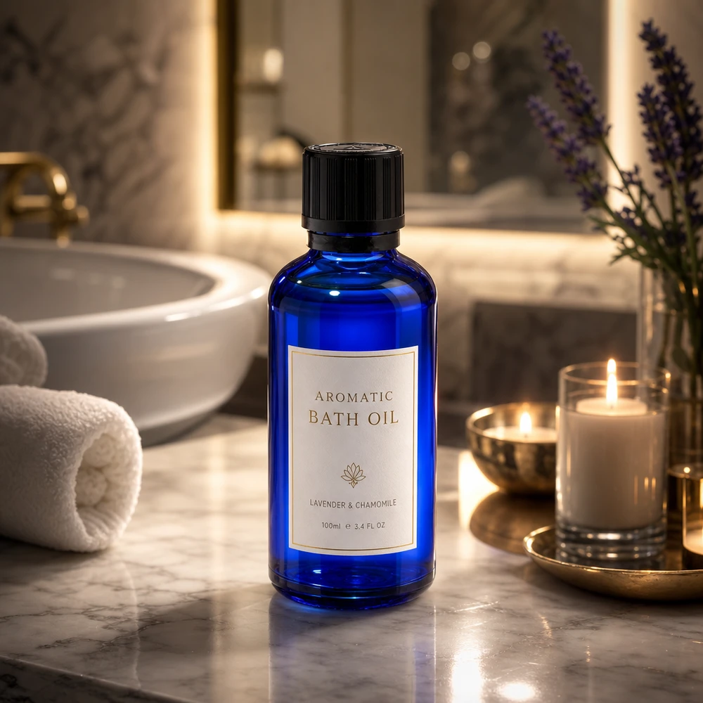 Blåt apotekerglas på 50 ml med en 1 mm dråbeindsats på marmor ved siden af tændte stearinlys i wellness-badet