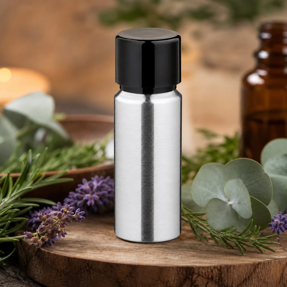20 ml flaske i poleret aluminium med skruelåg Kompakt 20 ml aluminiumsflaske med poleret overflade og praktisk skruelåg til at have med på farten