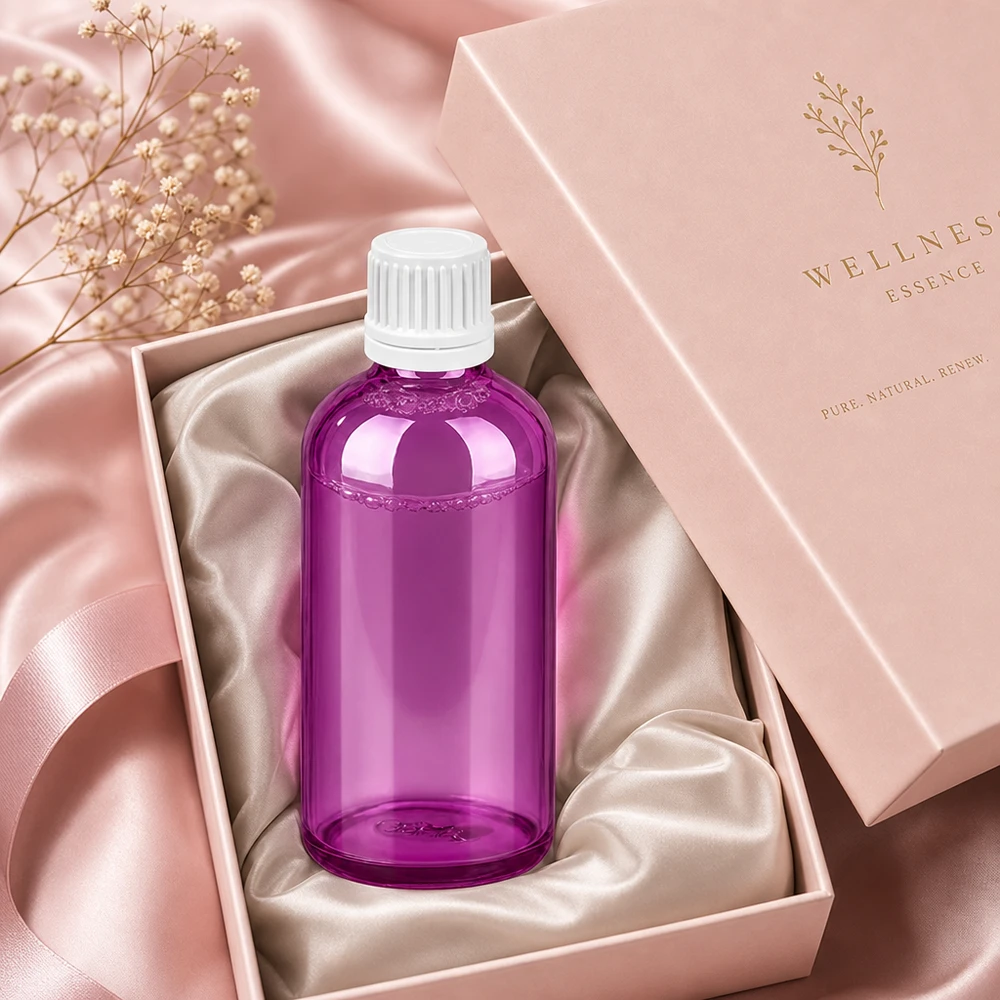 100 ml flaske 11 mm skruelåg hvid Originality skruelåg PurpleLine UT18/100 Gennemsigtig 100 ml flaske i lilla med hvid hætte, ideel til gør-det-selv-kosmetik og naturprodukter