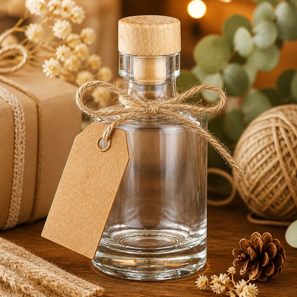 100 ml glasflaske »Marie« med træhåndtagskork UNiTWIST® 100 ml Marie-glasflaske med træprop, gaveindpakket med jutebånd og gavemærke i rustik indretning.