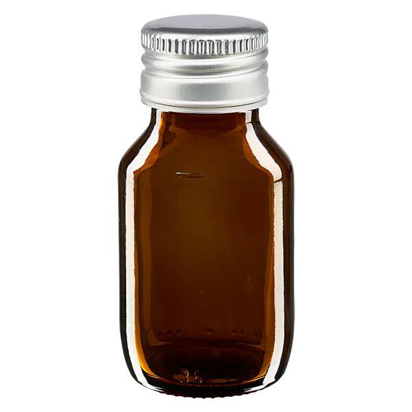 50 ml medicinflaske brun, med hætte af sølvfarvet aluminium ApoGlas. Farmaceutisk kvalitet fra EU-produktion. 28 mm (PP28) gevind. (sirup, let glasflaske) 50 ml medicinflaske brun, med hætte af sølvfarvet aluminium ApoGlas. Farmaceutisk kvalitet fra EU-produktion. 28 mm (PP28) gevind. (sirup, let glasflaske)