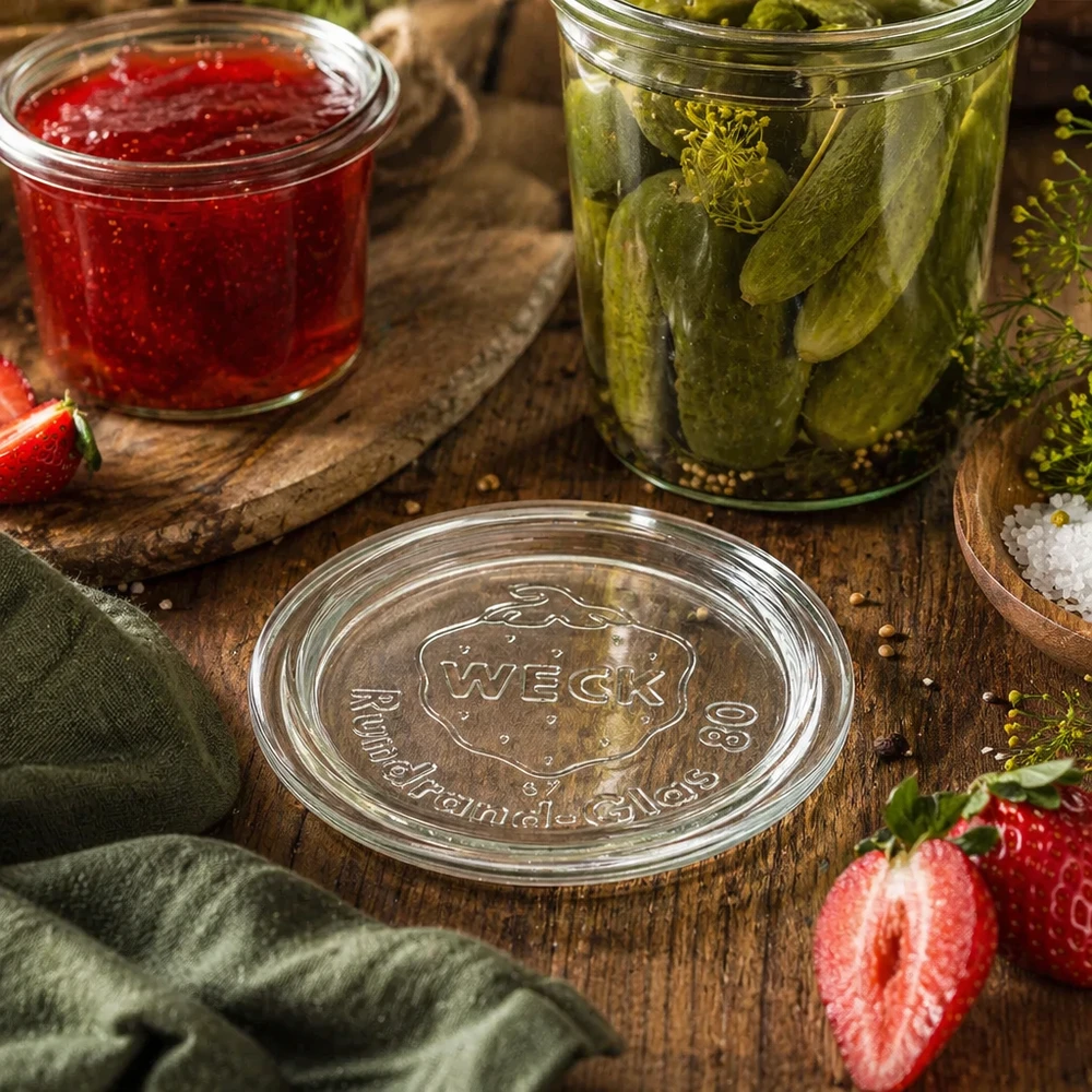 WECK glaslåg RR80 WECK låg RR80 i en naturlig køkkenscene med sylteglas og marmelade på et træbord