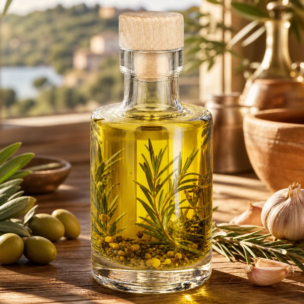 100 ml glasflaske »Marie« med træhåndtagskork UNiTWIST® 100 ml glasflaske Marie med træprop fyldt med urteolie rosmarinpeberkorn ved siden af oliven og hvidløg mediterra