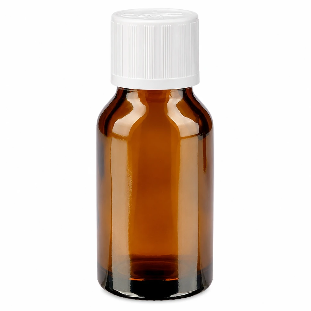 30 ml brun apotekerflaske med hvid børnesikret lukning, fremstillet af brun glas af høj kvalitet