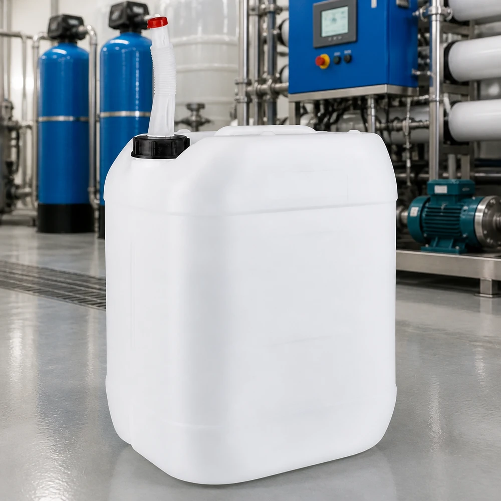 20 liters beholder med Flex-udløbsrør Gennemsigtig 20-liters plastdunk med bøjeligt udløbsrør foran et industrielt vandrensningsanlæg