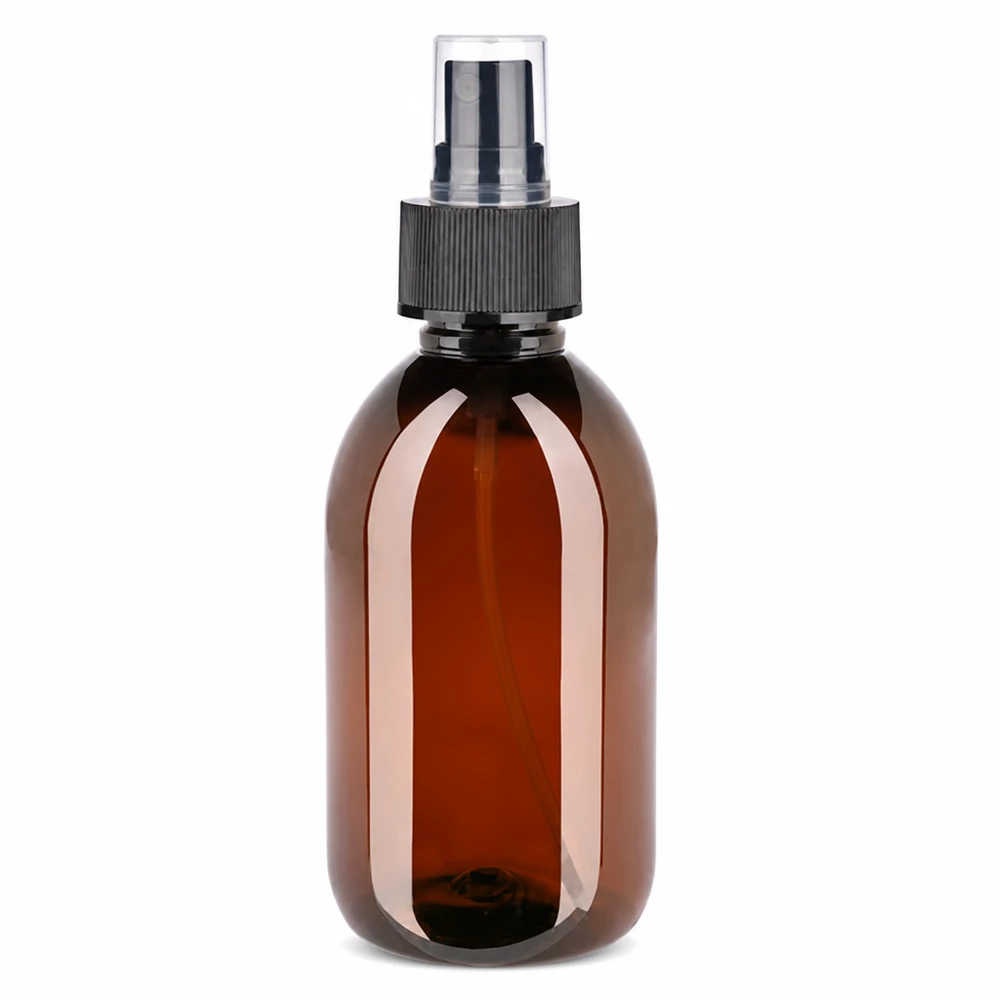PET-flaske 250 ml med forstøver sort Nachfüllbare Braune PET Flasche 250ml mit Feinzerstäuber für Seren und Tonika