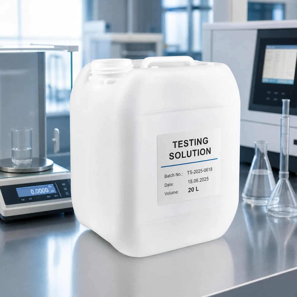 5-liters dunk uden låg med etiket med påskriften »Testing Solution« på et laboratoriebord af rustfrit stål