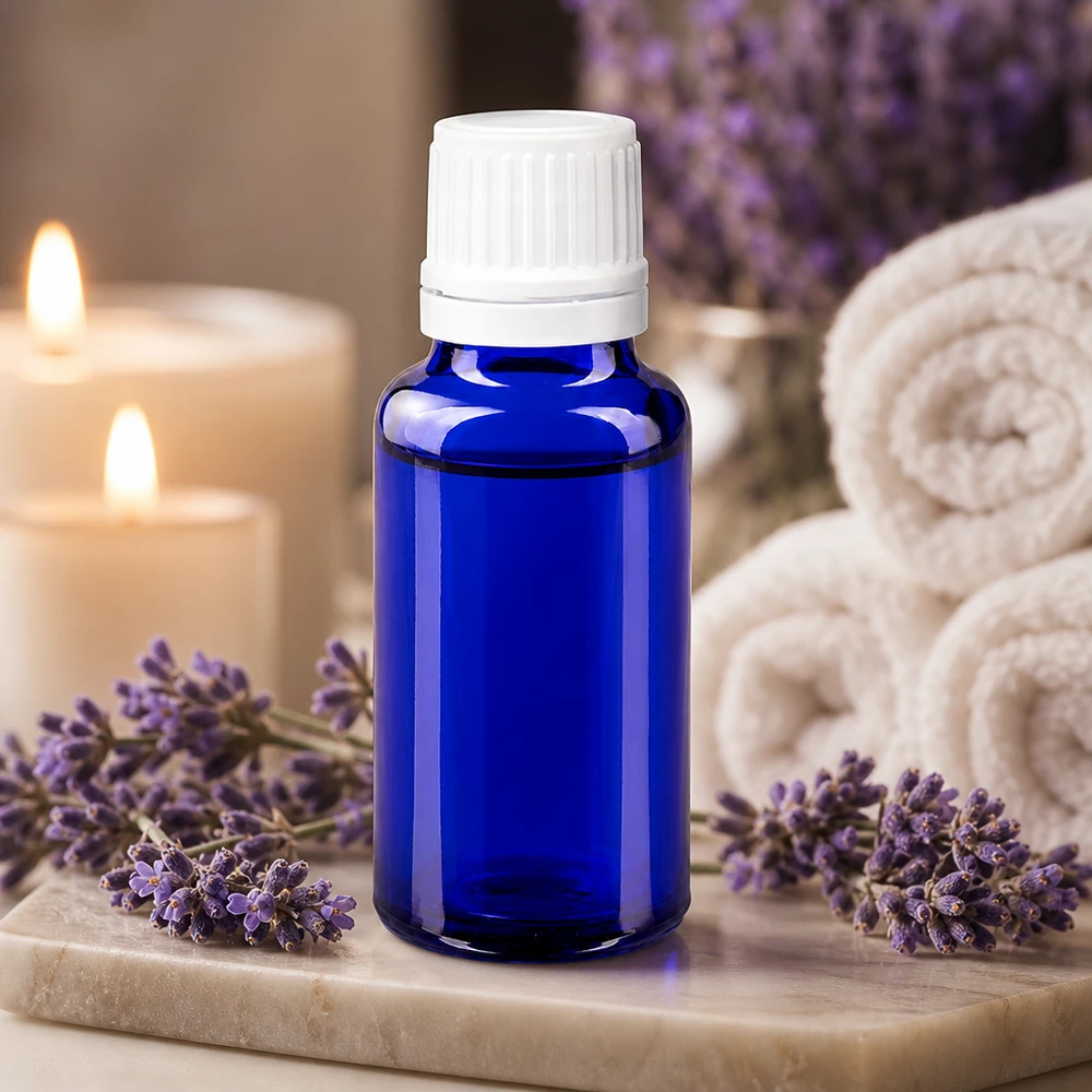 Lavendel-aromaterapisæt med en blå 20 ml ApoGlas-dråbeflaske, hvid OV-prop og 0,7 mm indsats
