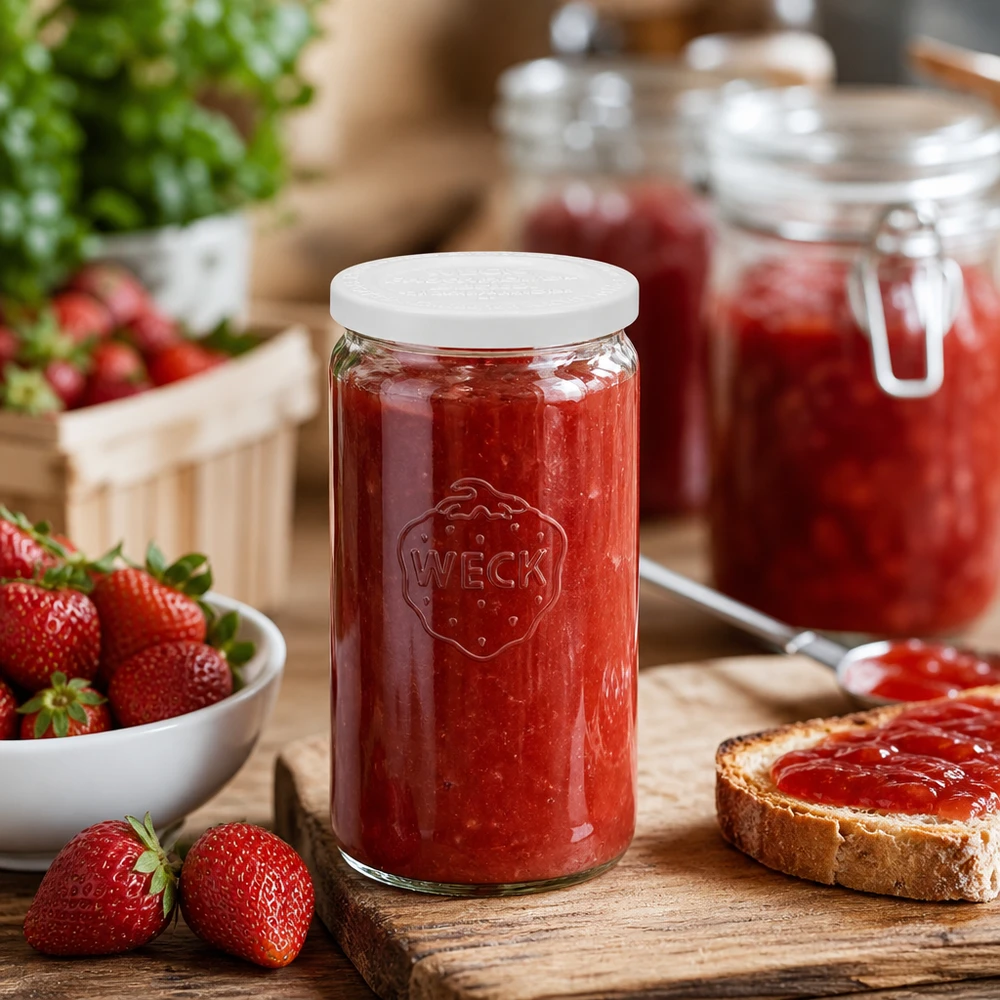 340 ml cylindrisk krukke med friskhedslåg WECK RR60 WECK cylinderglas 340 ml fyldt med jordbærmarmelade i et rustikt køkken med friske jordbær og brød