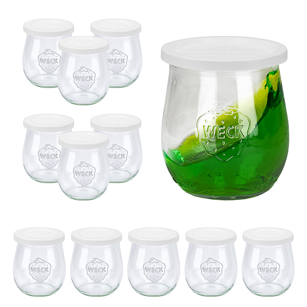 Sæt med 12 Weck-krukker 220 ml tulipankrukker med 12 konserveringslåg Sæt med 12 Weck-krukker 220 ml tulipankrukker med 12 konserveringslåg
