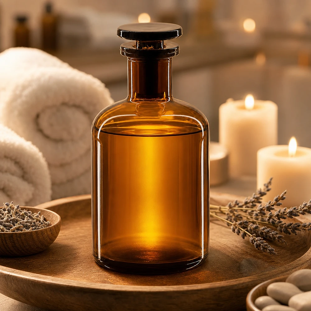 Rund skulderflaske 100 ml brun glasprop med smal hals Aromaterapiflaske, 100 ml, brun, med rund skulder og glasprop, med lavendel og stearinlys