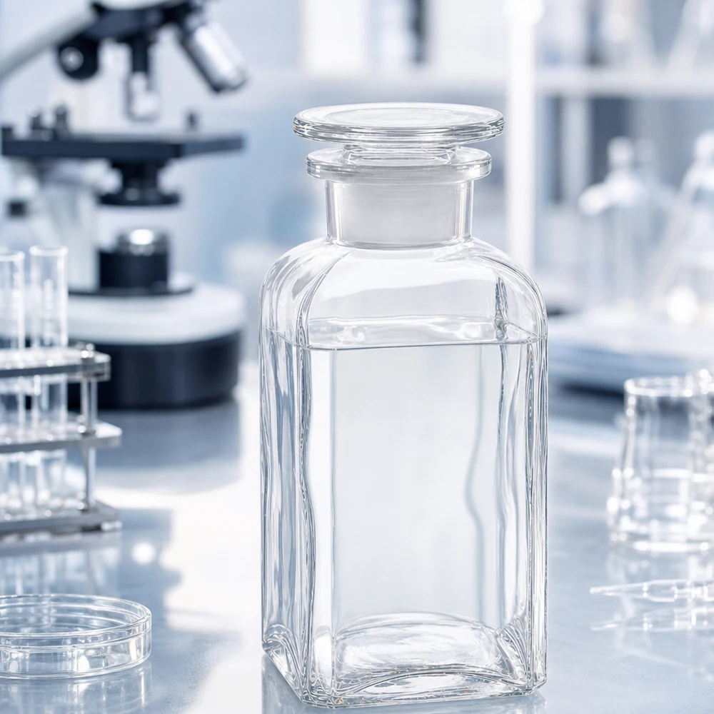 Firkantet flaske 350 ml klar glasprop med bred hals Laboratorieflaske, 350 ml, firkantet, bredhalset, med glasprop til kemiske reagenser og opløsninger