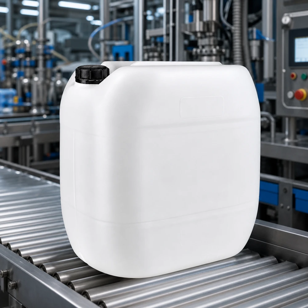 Beholder 30 liter med skruelåg OV Industrikanister på 30 liter, hvid med sort originallukning, på transportbånd