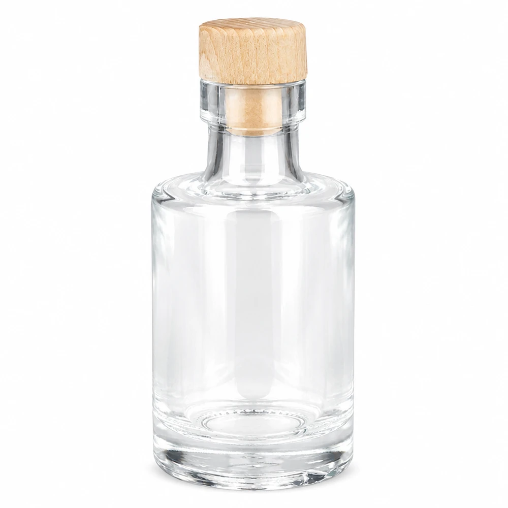 100 ml glasflaske »Marie« med træhåndtagskork UNiTWIST® 100 ml glasflaske Marie med træhåndtag kork UNiTWIST tom gennemsigtig rund form Produktfoto på hvid baggrund