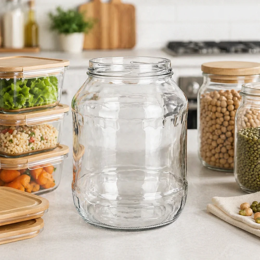 UNiTWIST Runda2650 - Briller med en kapacitet på 2650 ml TO100 Runde glas 2650 ml UNiTWIST Runda2650 i et moderne køkken mellem opbevaringsbeholdere med pulser
