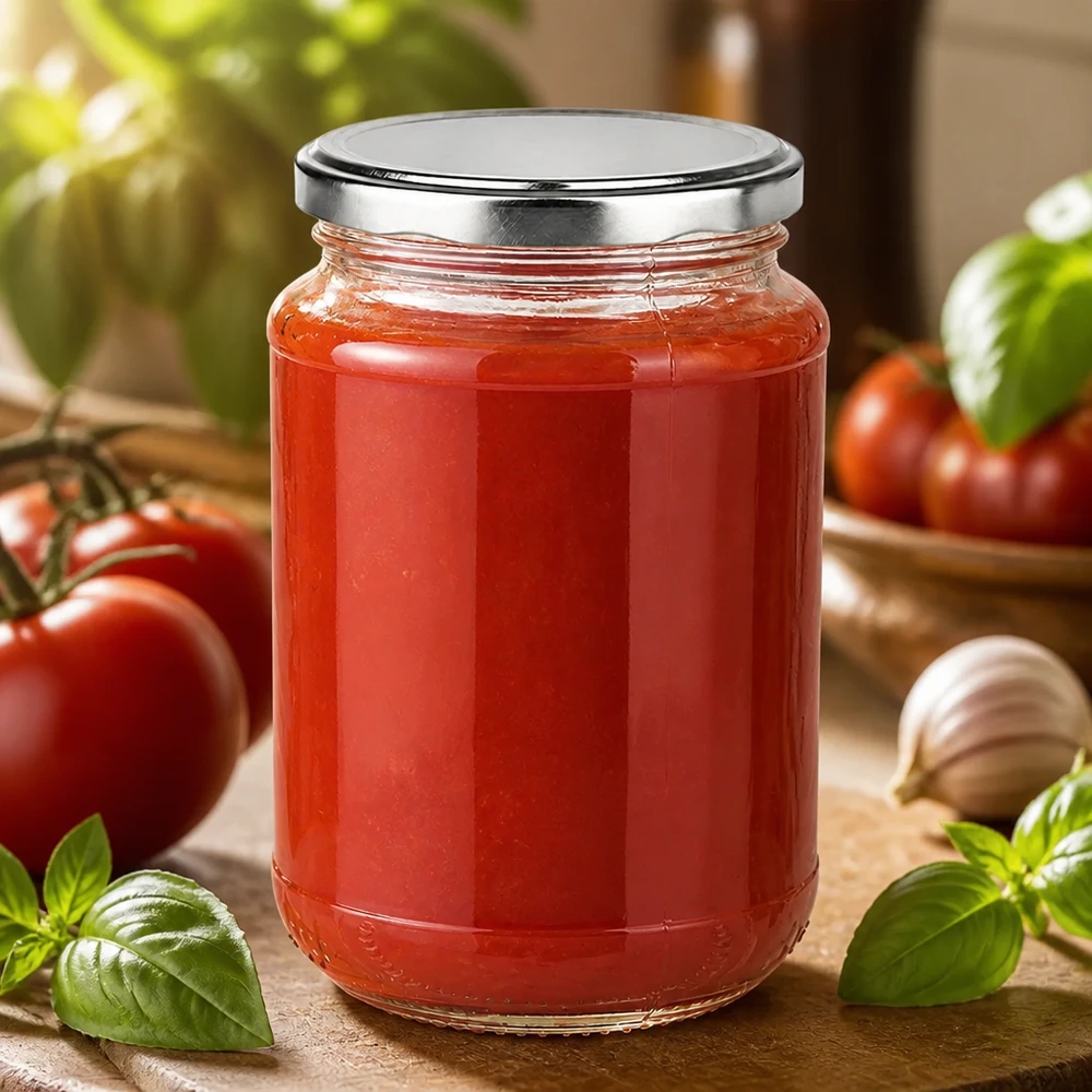 Hjemmelavet tomatsauce, indkogt i et 320 ml rundt UniTwist-glas med sølvfarvet BasicSeal-låg
