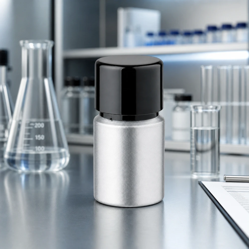 10 ml farvet aluminiumsflaske med skruelåg Kompakt 10 ml aluminiumsflaske til laboratoriebrug - bejdset overflade med sort hætte i laboratoriemiljø