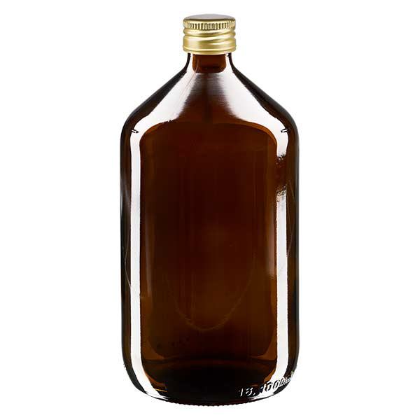 1000 ml medicinflaske, brun, med ApoGlas-hætte i guldaluminium. Farmaceutisk kvalitet fra EU-produktion. 28 mm (PP28) gevind. (sirup, lys glasflaske) 1000 ml medicinflaske, brun, med ApoGlas-hætte i guldaluminium. Farmaceutisk kvalitet fra EU-produktion. 28 mm (PP28) gevind. (sirup, lys glasflaske)