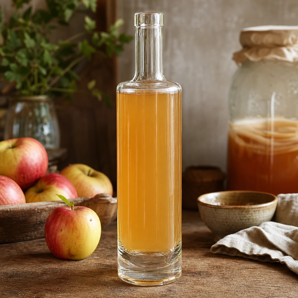 500 ml glasflaske »Lina« uden låg UNiTWIST® 500 ml glasflaske Lina fyldt med gylden æblejuice i en rustik køkkenscene med friske æbler og honning