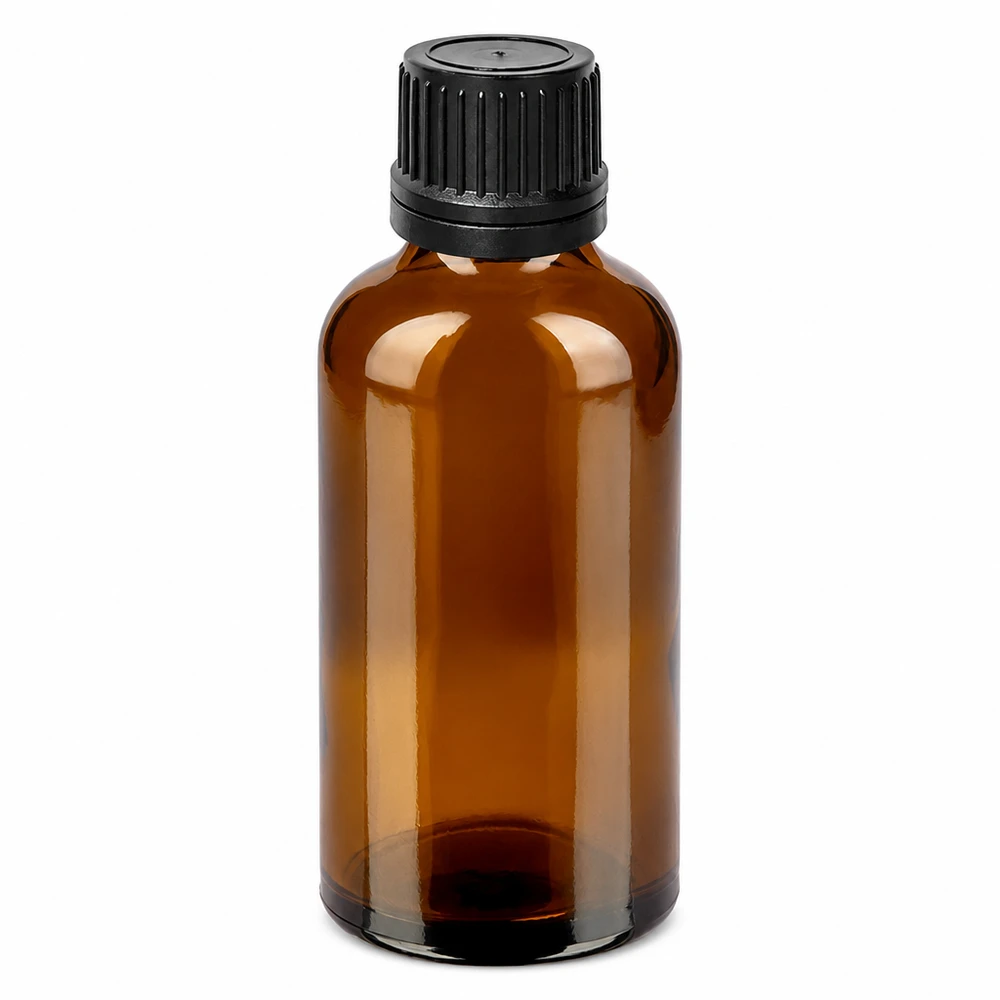 50 ml dråbeflaske 1 mm sort OV BrownLine UT18/50 50 ml ravfarvet glasflaske med sort dråbehætte til æteriske olier og tinkturer