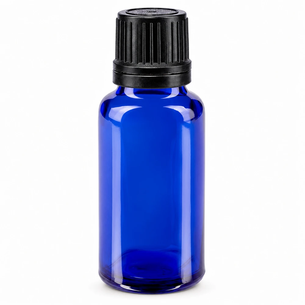 20 ml blå apotekerflaske af glas med sort originalitetslukning, 8 mm