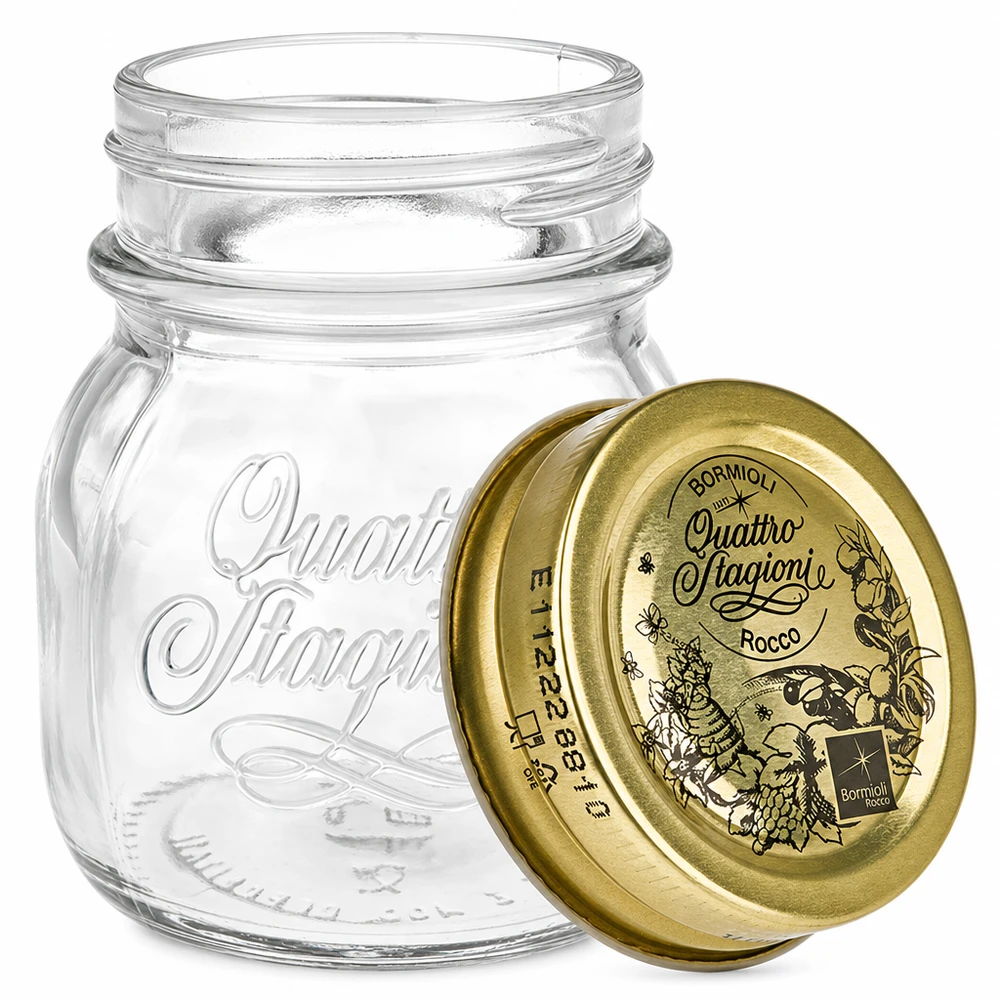 150 ml rundt glas "Quattro Stagioni" med låg 150 ml rund krukke Quattro Stagioni med gyldent låg konserveringskrukke opbevaringskrukke Bormioli Rocco Italiensk