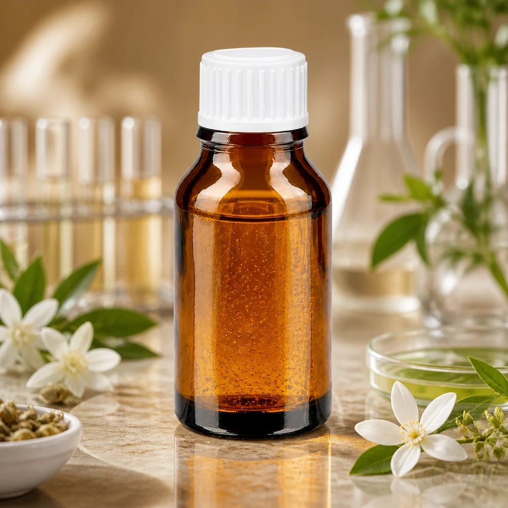 En ravfarvet glasflaske på 15 ml med hvid skruelåg mellem jasminblomster og laboratorieudstyr