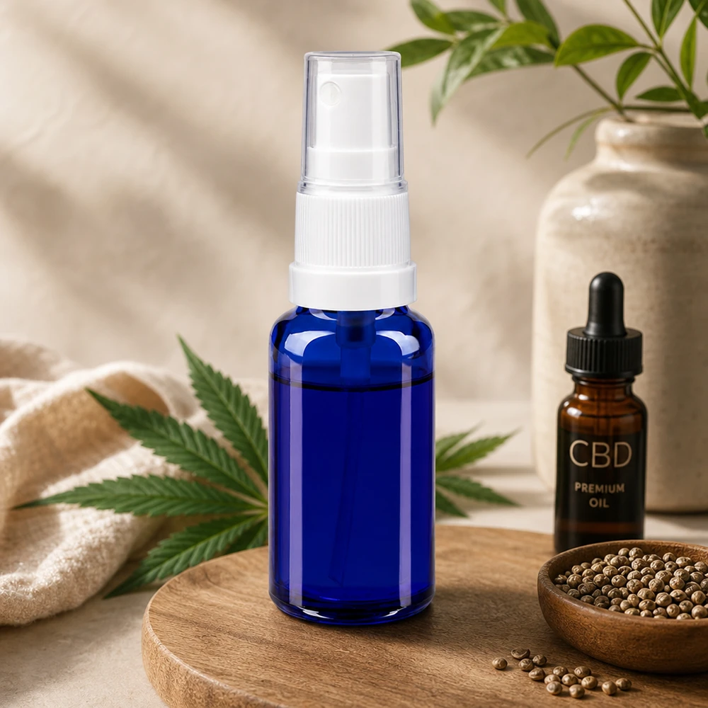 20 ml blå glas-sprayflaske STD med hvid forstøver ved siden af CBD-olie og hampeblad