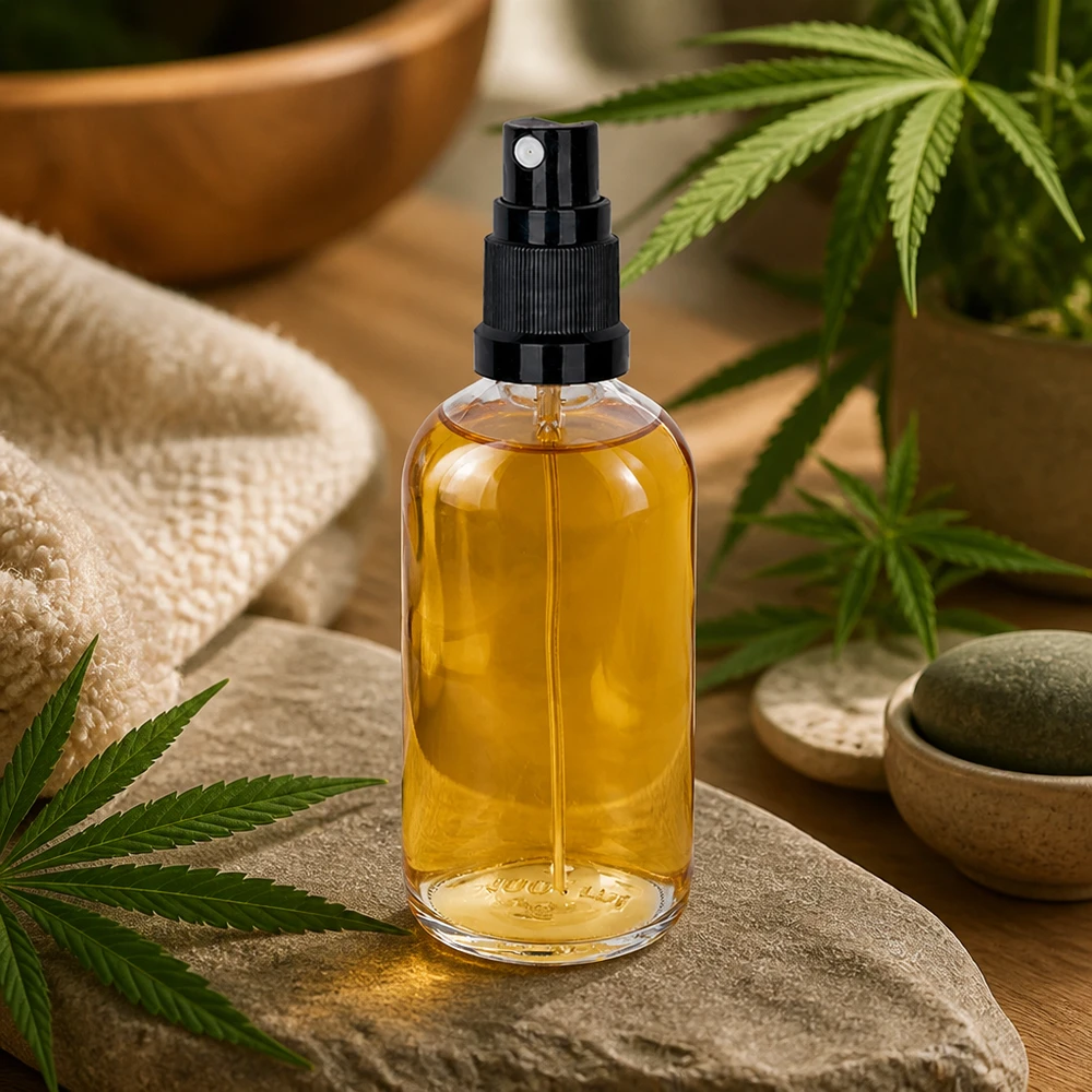 100 ml sprayflaske sort/tr. STD ClearLine UT18/100 CBD-olie i sprayflaske, 100 ml, gennemsigtigt glas, sort pumpespray med hampplante, wellness